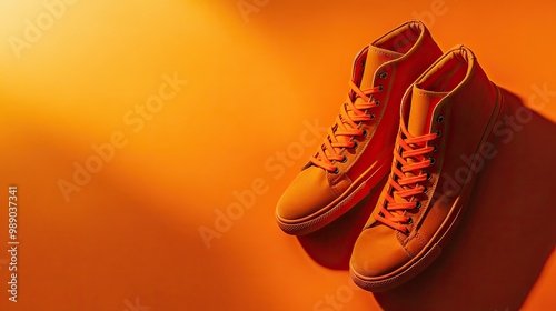 A stylish pair of orange high-top sneakers resting on a bright orange background, emphasizing fashion and boldness. photo