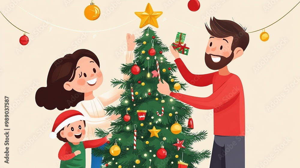 Happy family decorating a Christmas tree with ornaments during a cozy winter afternoon at home Happy family decorating a Christmas tree with ornaments during a cozy winter afternoon at home