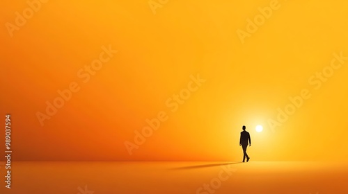 Solitary Figure Walking into a Bright Sunset Background