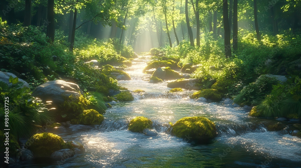 Obraz premium enchanting forest stream meandering through lush greenery sunlight dapples through the canopy illuminating mosscovered rocks and creating a serene fairytalelike woodland scene