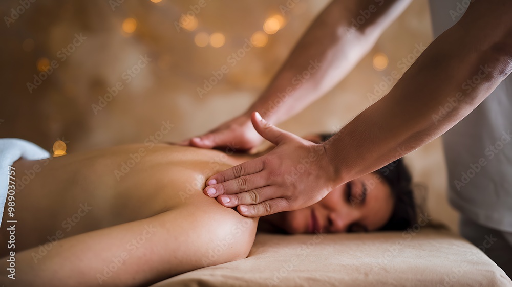 Naklejka premium A woman receiving a relaxing back massage from a masseuse in a spa setting.