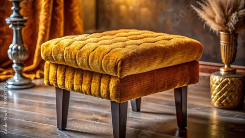 Richly colored plush fabric with subtle chenille texture lies elegantly folded on a velvet-covered stool amidst soft candlelight.