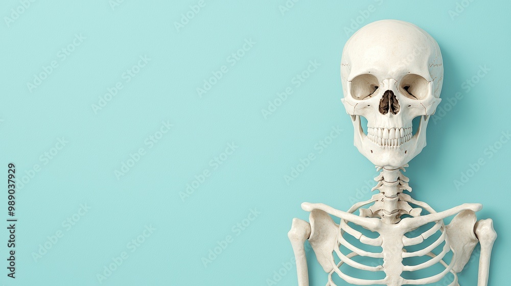 Human Skeleton Model Against Light Blue Background Human Skeleton Model Against Light Blue Background