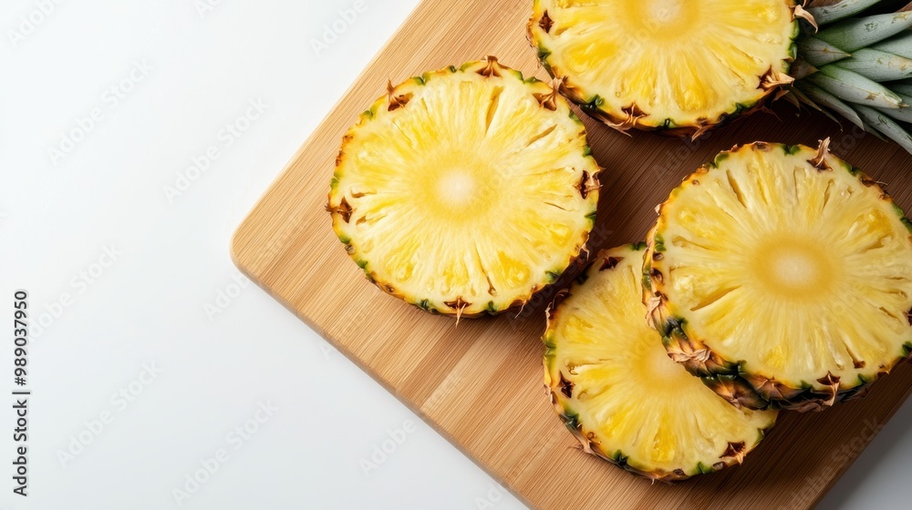 Fresh pineapple slices on wooden cutting board Fresh pineapple slices on wooden cutting board