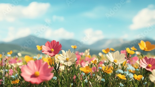 Sunkissed meadow of flowers, bright and uplifting, 3D illustration