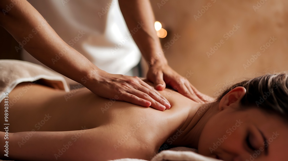 Obraz premium Closeup of a woman receiving a back massage from a therapist in a spa.