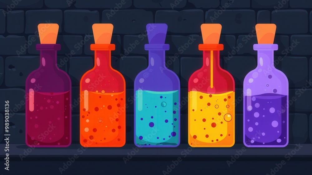 Witch's Potion Bottles, a whimsical flat design illustration showcasing an enchanting array of colorful, bubbling potions in a mystical witch's lair filled with magical elements Witch's Potion Bottles, a whimsical flat design illustration showcasing an enchanting array of colorful, bubbling potions in a mystical witch's lair filled with magical elements
