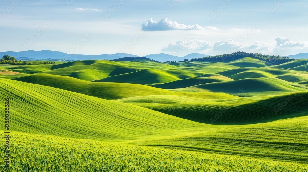 Obraz premium Verdant Hills and Patchwork Fields Beneath a Vibrant Summer Sky, showcasing idyllic rural landscapes, lush greenery, and the tranquility of nature's bounty.