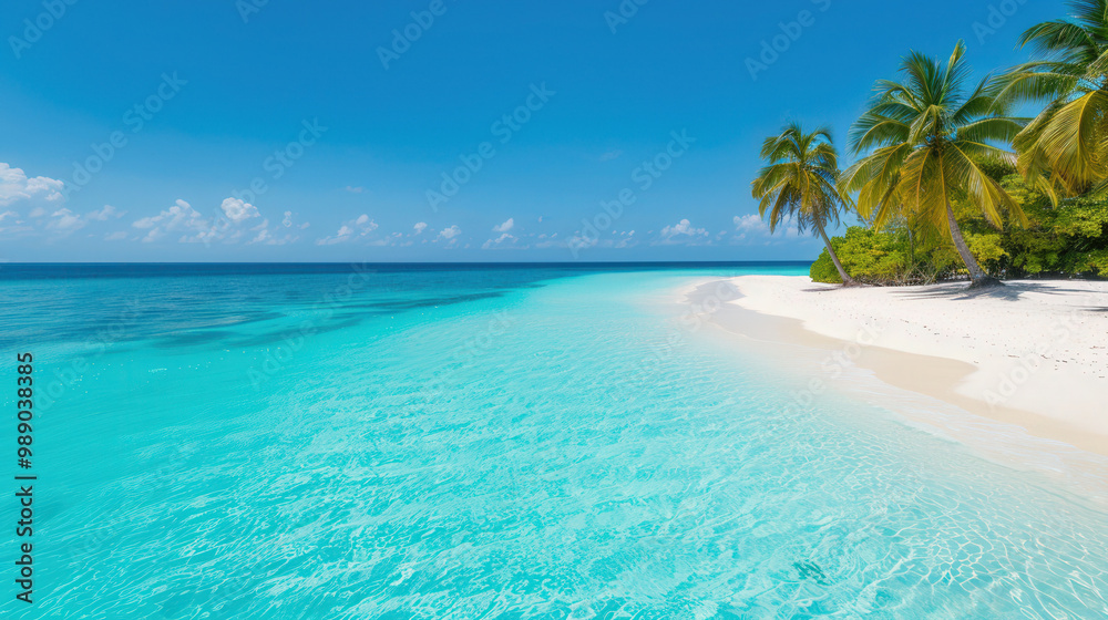 Fototapeta premium Tropical Island Paradise, a tranquil beach scene with soft sands and gentle waves, ideal for showcasing personal messages in a postcard format, inviting and idyllic atmosphere