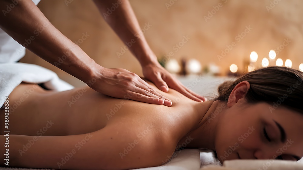 Fototapeta premium Close-up of a woman receiving a relaxing back massage in a spa setting with candles.
