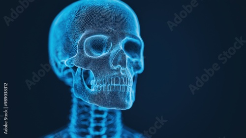 Blue Wireframe Human Skull Visualization