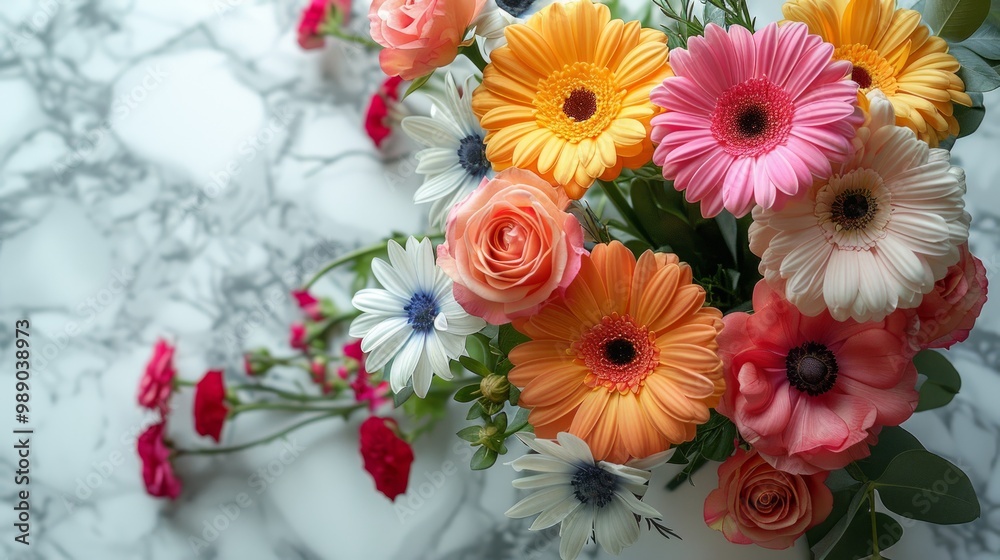 Bunch of flowers on white marble table, colorful flower bouquet 