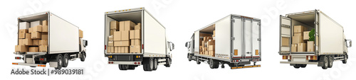 trucks loaded with cardboard boxes showing different angles transparent background