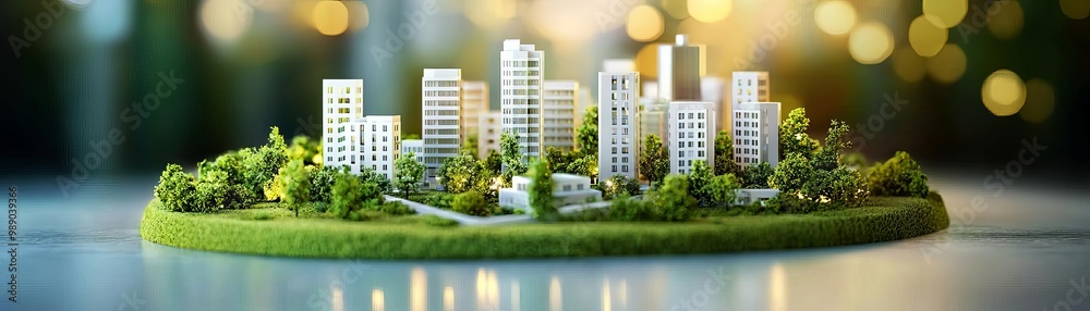 Miniature city model with green landscape and urban buildings on a vibrant background. Miniature city model with green landscape and urban buildings on a vibrant background.