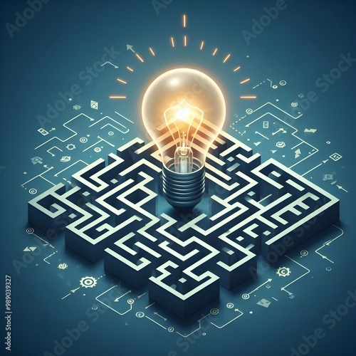 A maze with a lightbulb in the center, representing a complex problem with a clear solution.