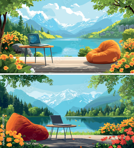 Remote workplace cartoon vector concepts. Table bean textile chair laptop notebook flowers wooden timber terrace lake pond shore coast veranda mountain landscape valley illustrations