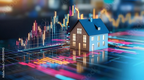 Model house on digital graph, representing real estate market analysis.