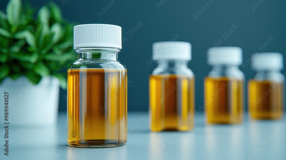 Glass Bottles with Liquid on Table and Green Plant Background Glass Bottles with Liquid on Table and Green Plant Background