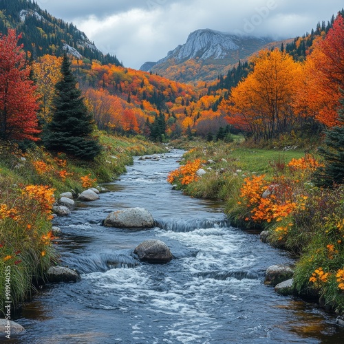 Autumn Stream Through a Mountain Valley