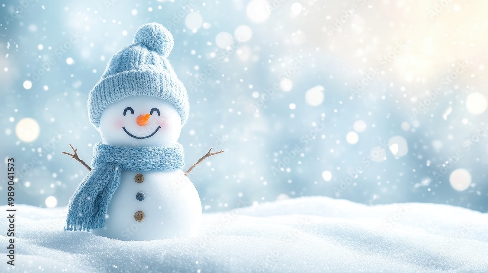 Happy Snowman in Snowy Landscape, Winter Scene Happy Snowman in Snowy Landscape, Winter Scene