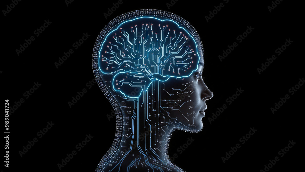 Obraz premium Digital Brain Hologram Hud. Artificial intelligence AI machine deep learning. Business Technology Internet Network Concept. 3D Illustration
