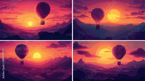 Romantic couple hot air balloon flying cartoon vector concepts. basket aerostat man woman together group characters mountain forest valley sunset horizon, love soaring journey illustration