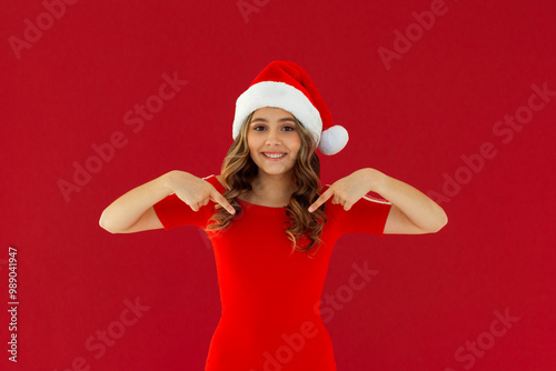 Photo of smiled funky woman santa elf wear red dress isolated red color background
