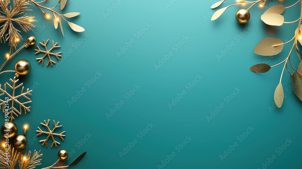 Obraz premium Elegant gold Christmas decorations with snowflakes and leaves on a turquoise background, perfect for festive designs and holiday themes