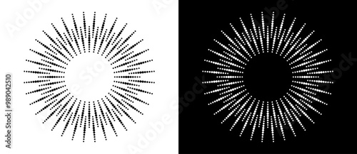 Art sun background. Icon template or logo with halftone dotted lines. Black shape on a white background and the same white shape on the black side.