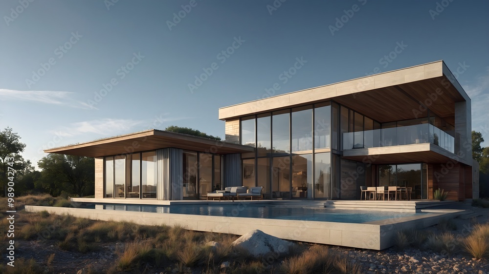 Fototapeta premium AI-Generated Image of modern house in the evening