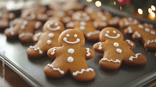 Gingerbread men cooling on a baking sheet in a cozy holiday kitchen