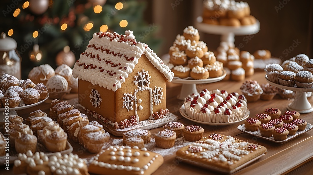 Gingerbread houses and holiday treats displayed on a decorated table Gingerbread houses and holiday treats displayed on a decorated table
