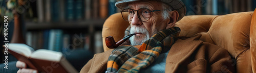 Elderly man with a pipe, reading a book in a comfortable chair