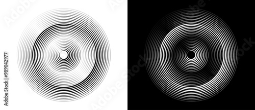 Circle abstract background. Illusion of dynamic transition. Black shape on a white background and white lines on the black side.