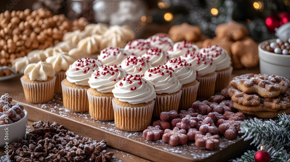 A holiday-themed baking scene with cookies, frosting, and candy decorations A holiday-themed baking scene with cookies, frosting, and candy decorations