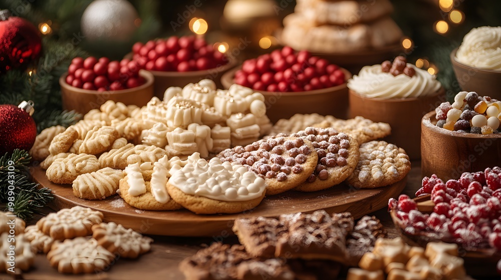 A holiday-themed baking scene with cookies, frosting, and candy decorations A holiday-themed baking scene with cookies, frosting, and candy decorations