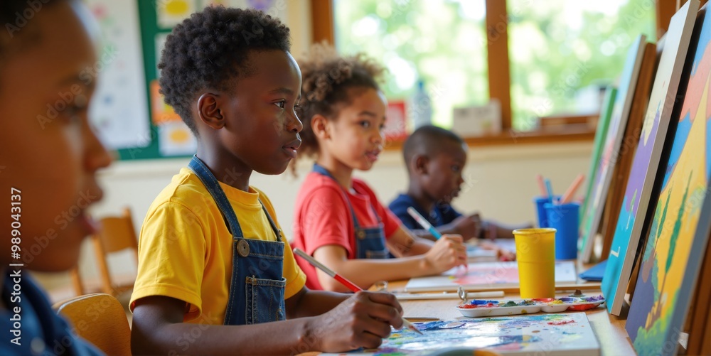 Happy African School Boy in Classroom Creating Art with Classmates, Painting with Bright Colors Happy African School Boy in Classroom Creating Art with Classmates, Painting with Bright Colors