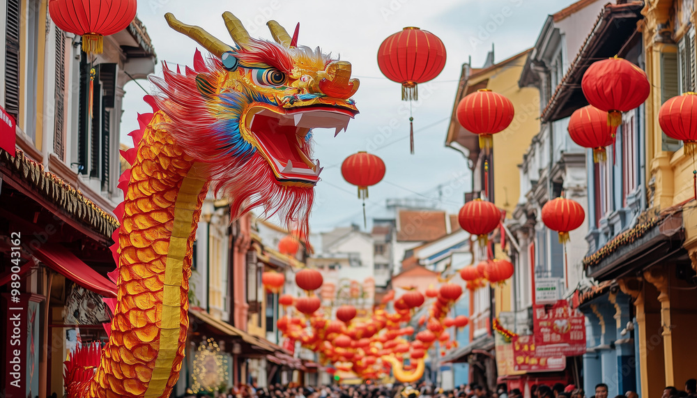 Naklejka premium Chinese New Year.A street parade full of people in colorful national costumes, with red and gold flags waving. A huge paper dragon controlled by a group of people