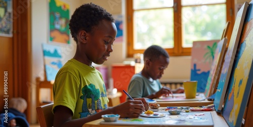 Happy African School Boy in Classroom Creating Art with Classmates, Painting with Bright Colors