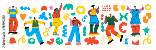 People in different poses and various geometric shapes. Outline characters, colorful abstract figures. Different mood, positions. Hand drawn Vector illustrations.