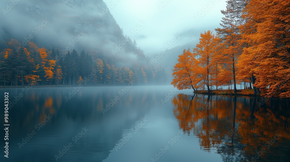 Naklejka premium Misty Autumn Morning at Tranquil Lake