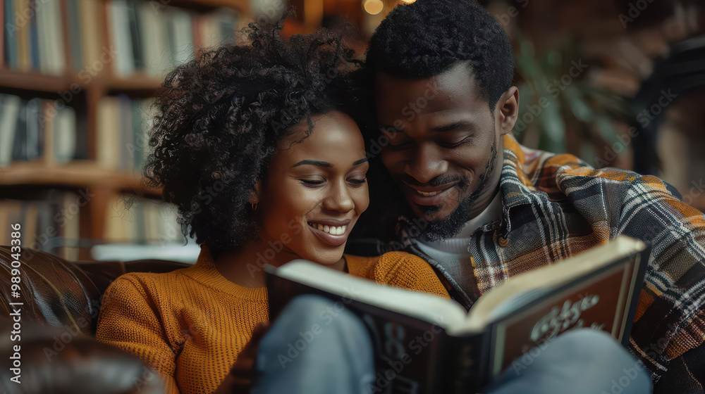 Realistic image of a young couple reading the Bible together in a cozy living room high-definition clarity Realistic image of a young couple reading the Bible together in a cozy living room high-definition clarity