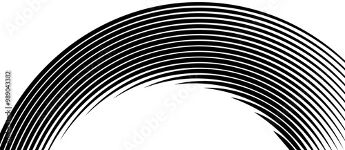 Black and white abstract background with lines. Black arc like rainbow striped digital design element.