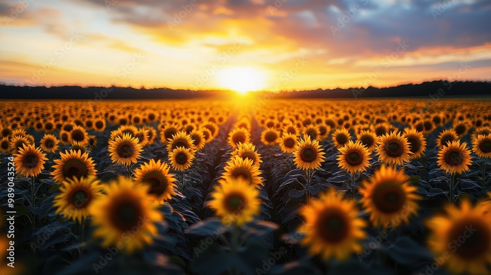 Fototapeta premium Sunflower field at sunset, vibrant colors