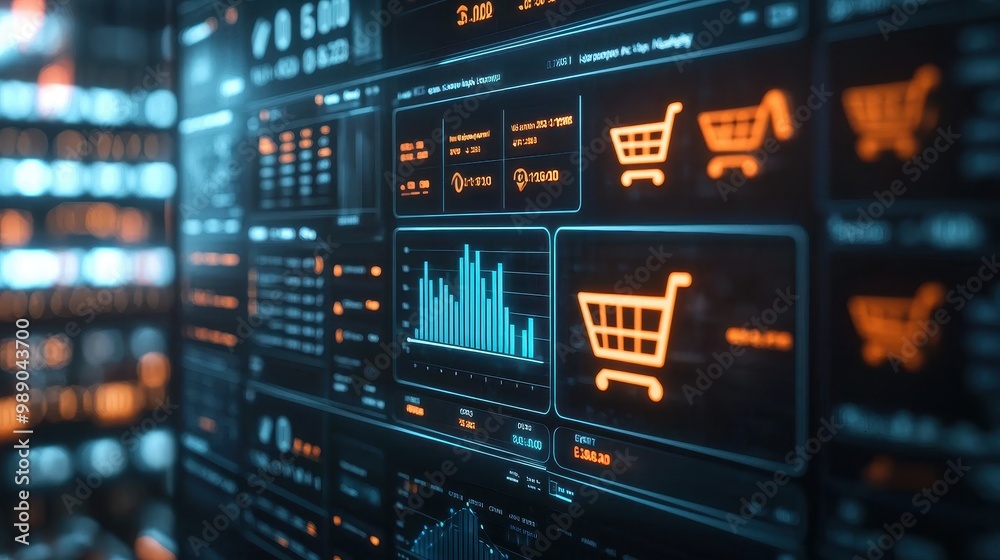 A computer screen shows a number of graphs and shopping carts A computer screen shows a number of graphs and shopping carts