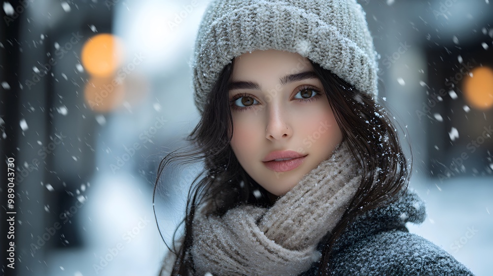 A fashion model wearing a long winter coat in a snowy urban setting