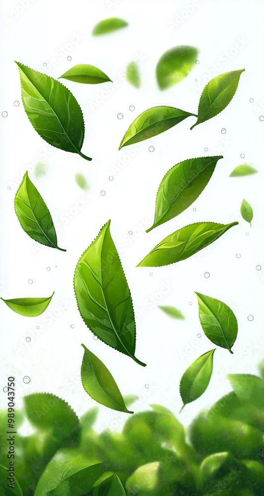 Fresh Green Tea Leaves Floating in Air with White Background Fresh Green Tea Leaves Floating in Air with White Background