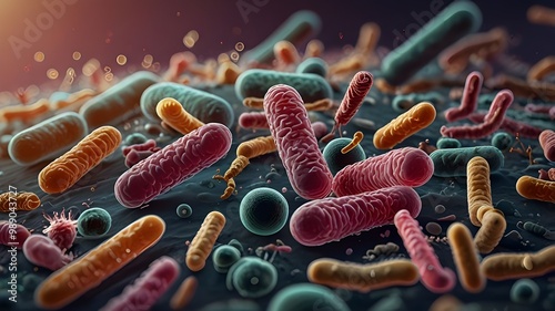 Microscopic view of probiotics bacteria in human stomach, showing escherichia coli and other organisms involved in digestion and health care