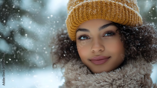 A stylish woman wearing a faux fur winter jacket standing in a snowy park