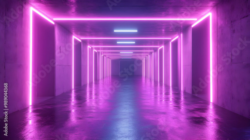 Neon Lights in a Long Corridor 3D Render